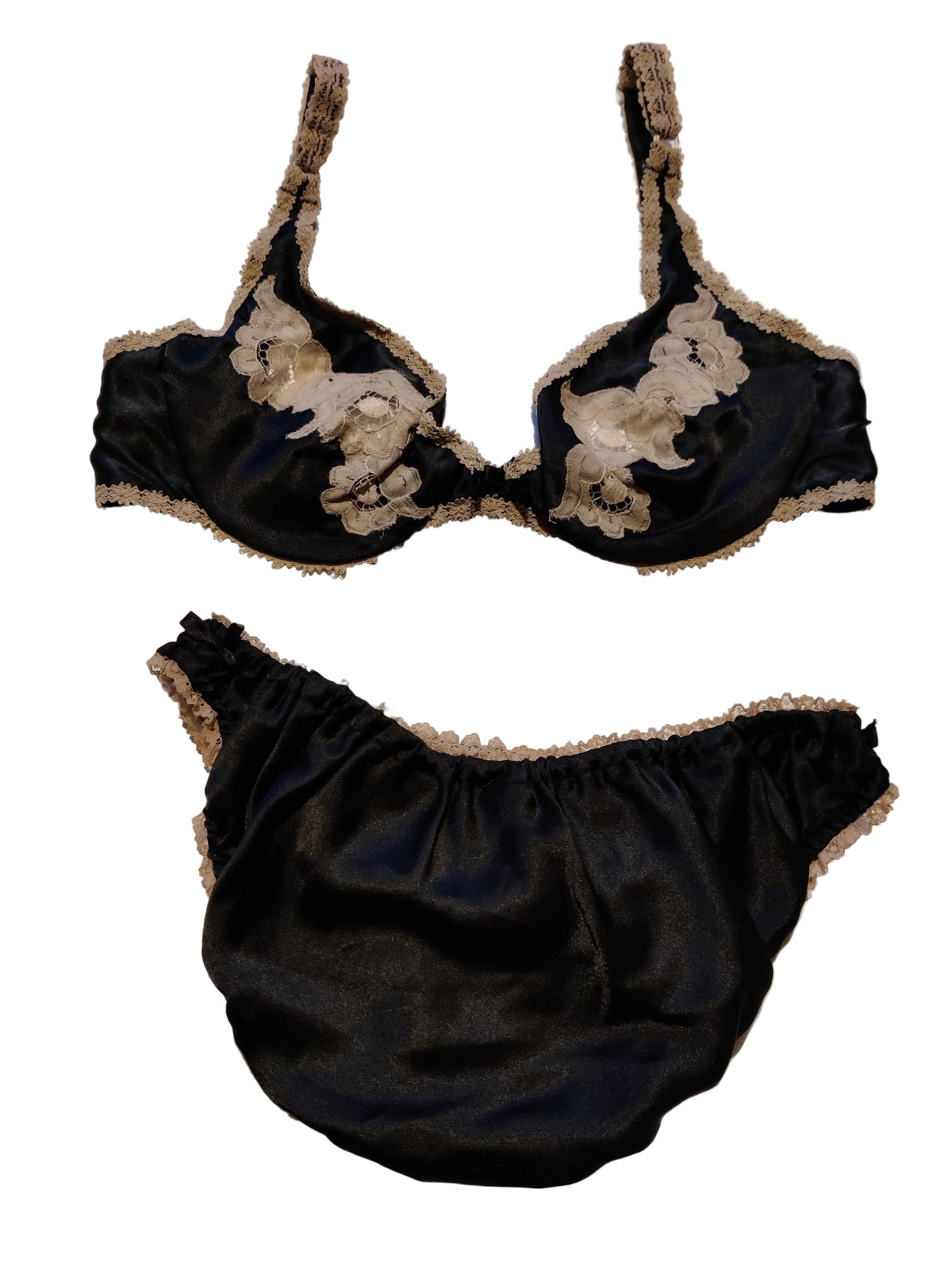 1970s Black Janet Reger Bra, Pants & Waist Slip Set