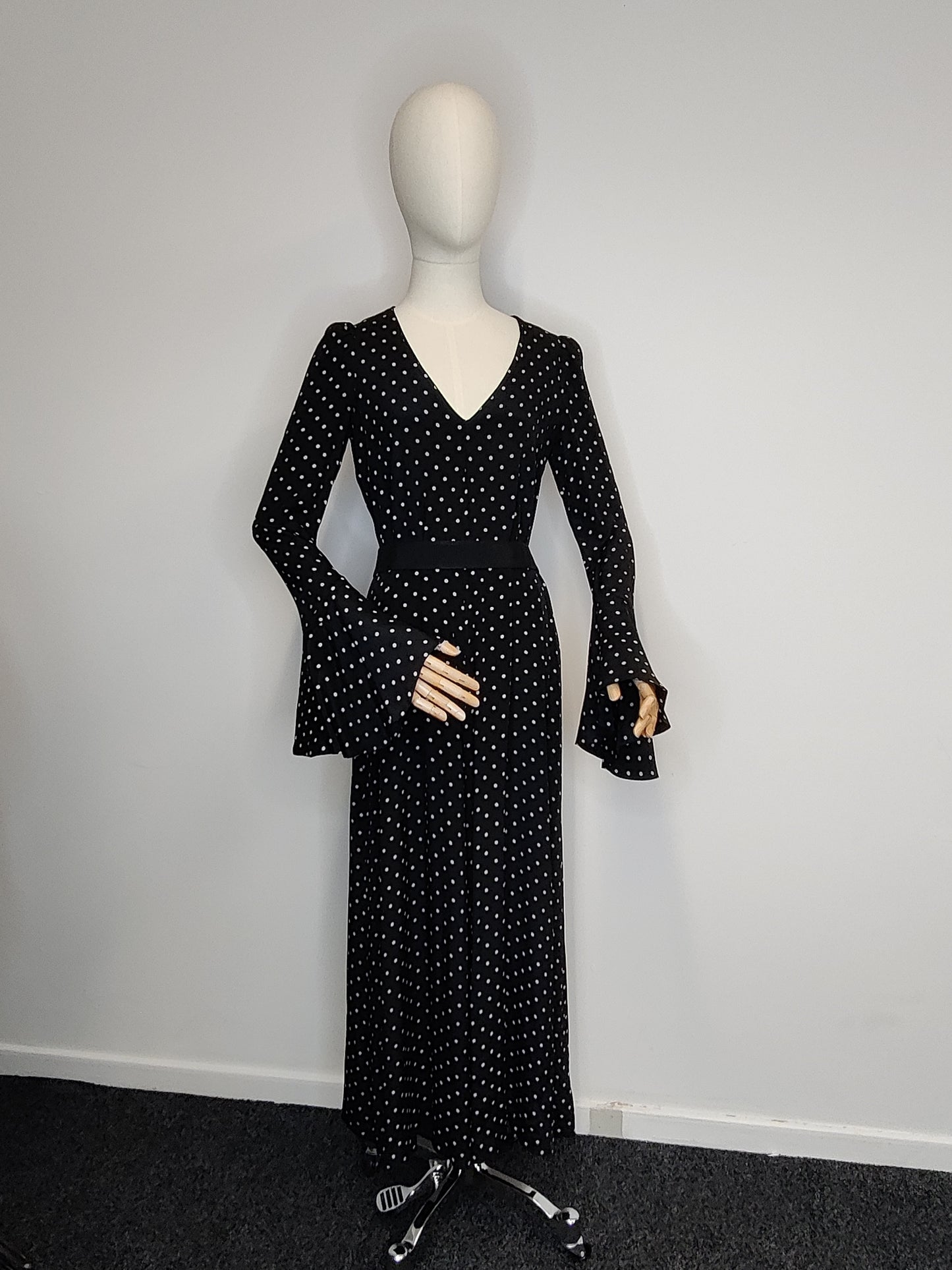 Rare Biba 1960s/70s Black Polka Dot Maxi Dress with Dramatic Bell Sleeves