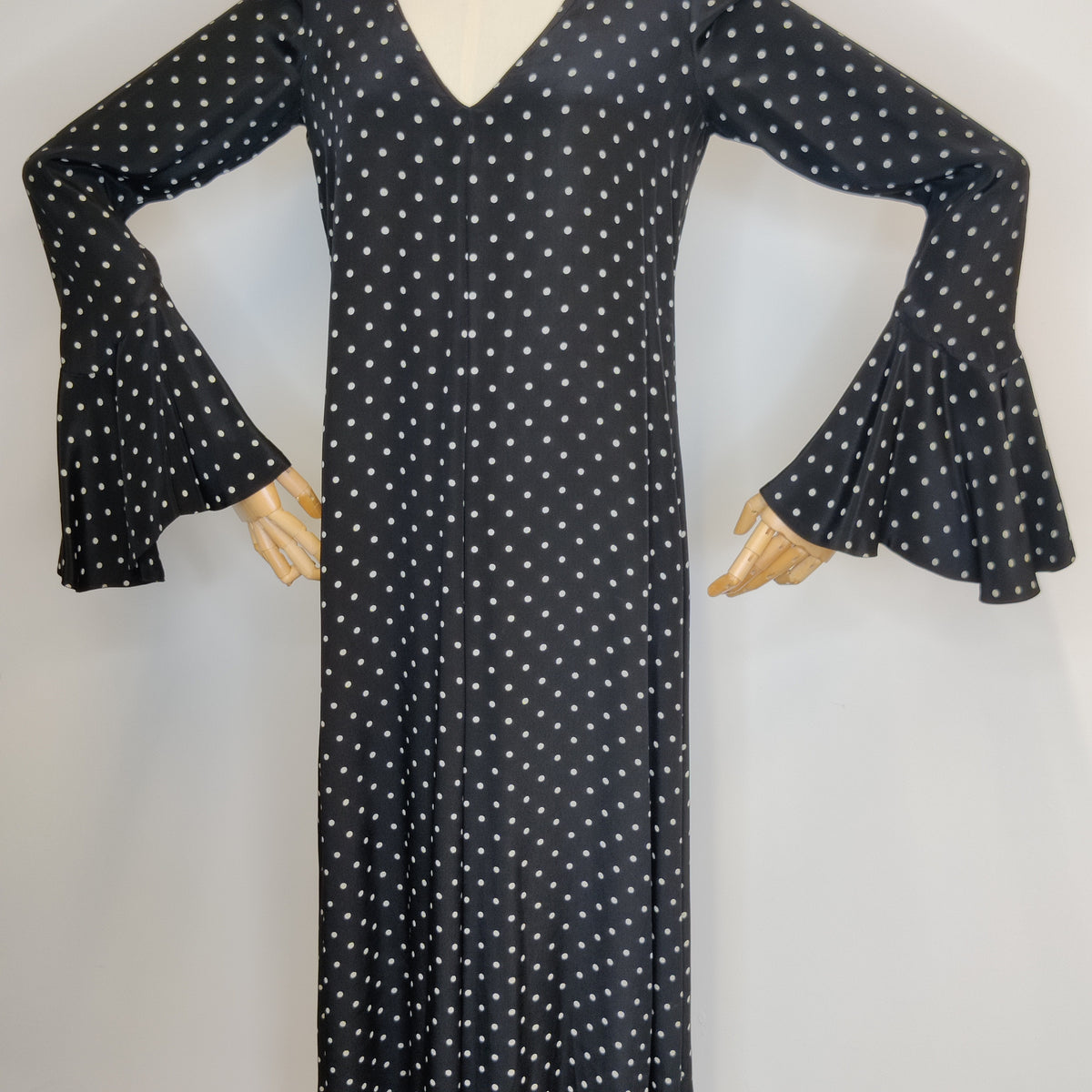 Rare Biba 1960s/70s Black Polka Dot Maxi Dress with Dramatic Bell Sleeves