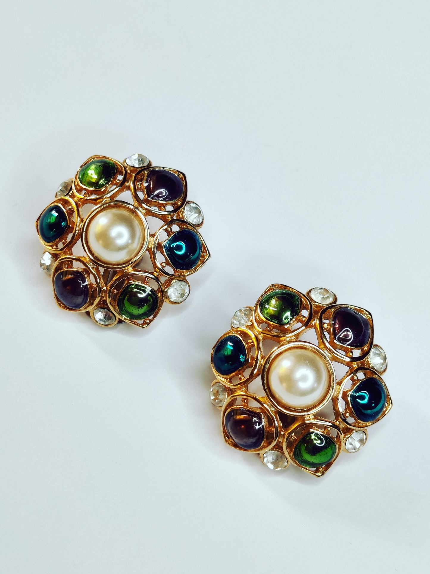 Vintage 1980s Dome Clip-On Earrings – Jewel Tone & Faux Pearl
