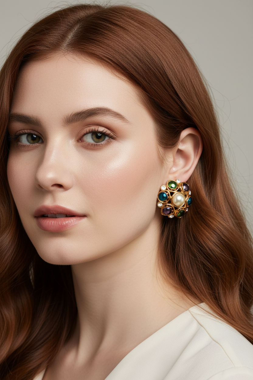 Vintage 1980s Dome Clip-On Earrings – Jewel Tone & Faux Pearl