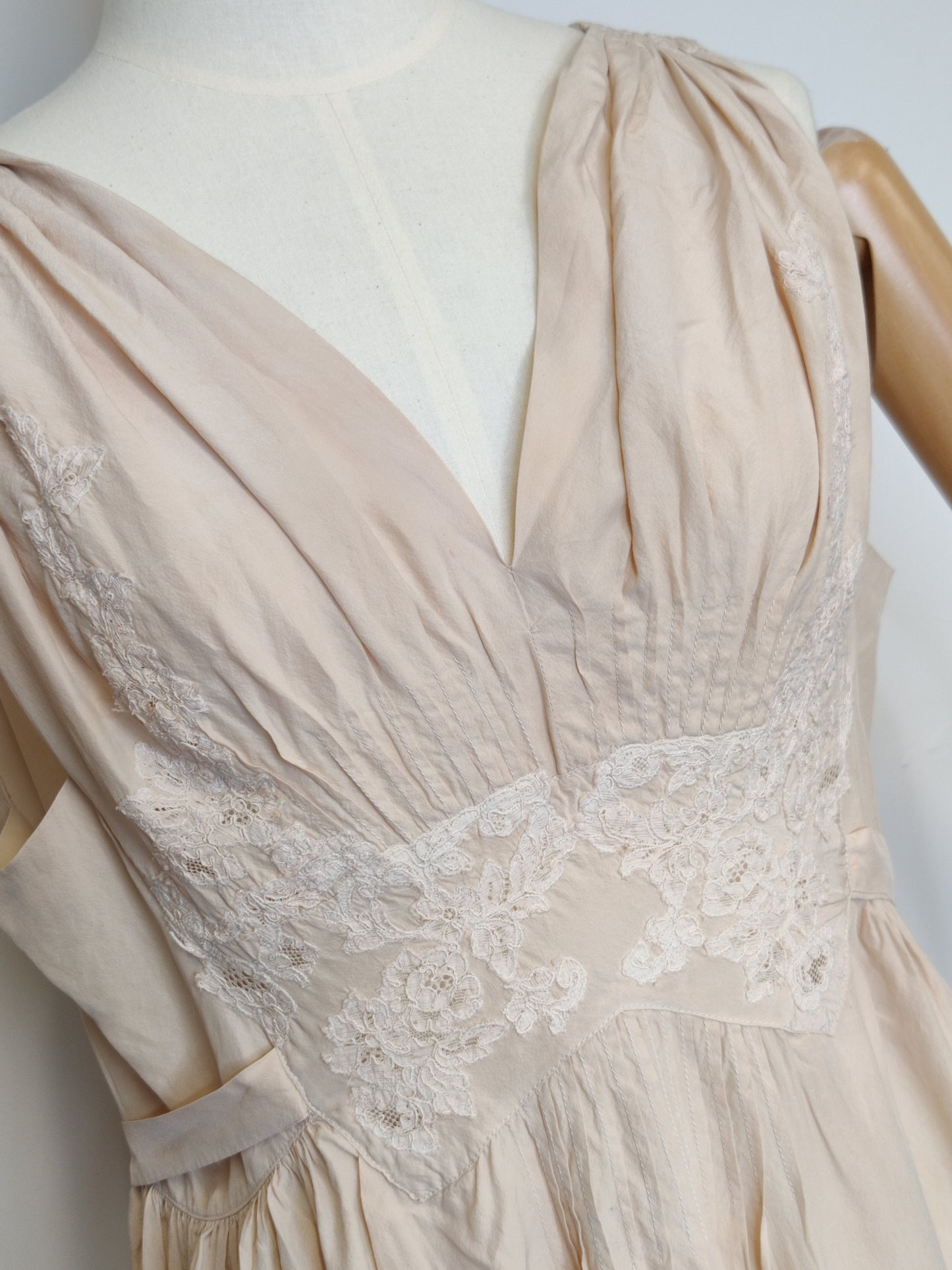1930s Ethereal Blush Cream Silk & French Lace Slip Dress with Ties