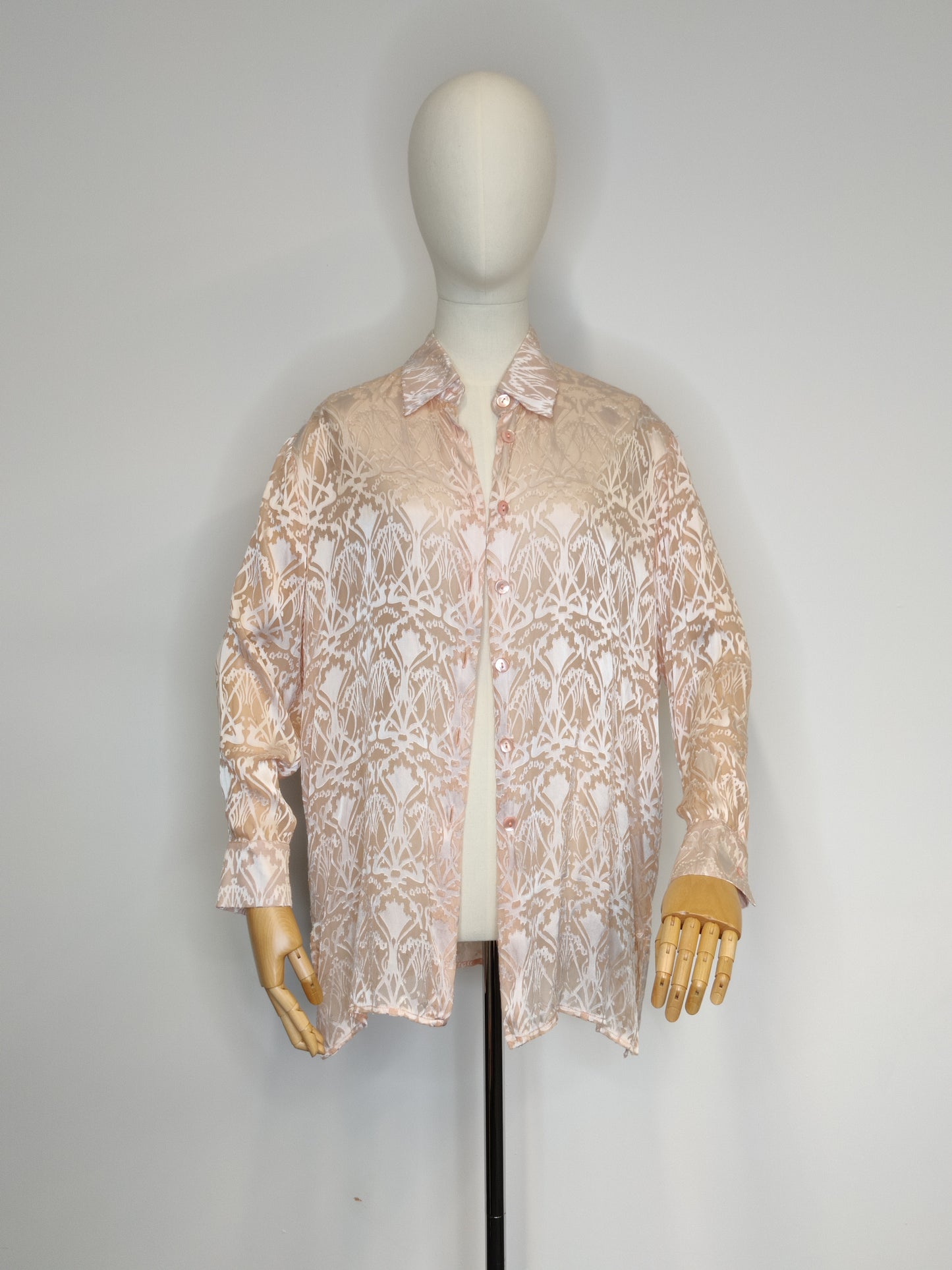 Liberty London 1990s Blush Pink/Peach Silk/Rayon Devoré 'Ianthe' Blouse