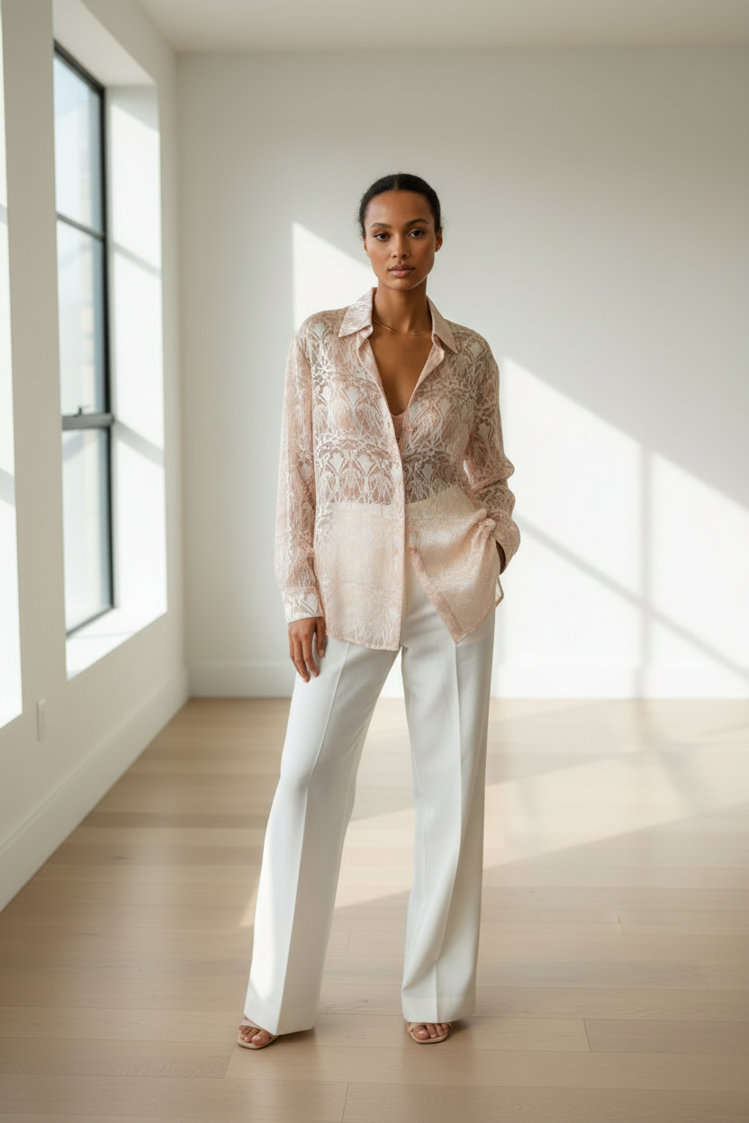 Liberty London 1990s Blush Pink/Peach Silk/Rayon Devoré 'Ianthe' Blouse