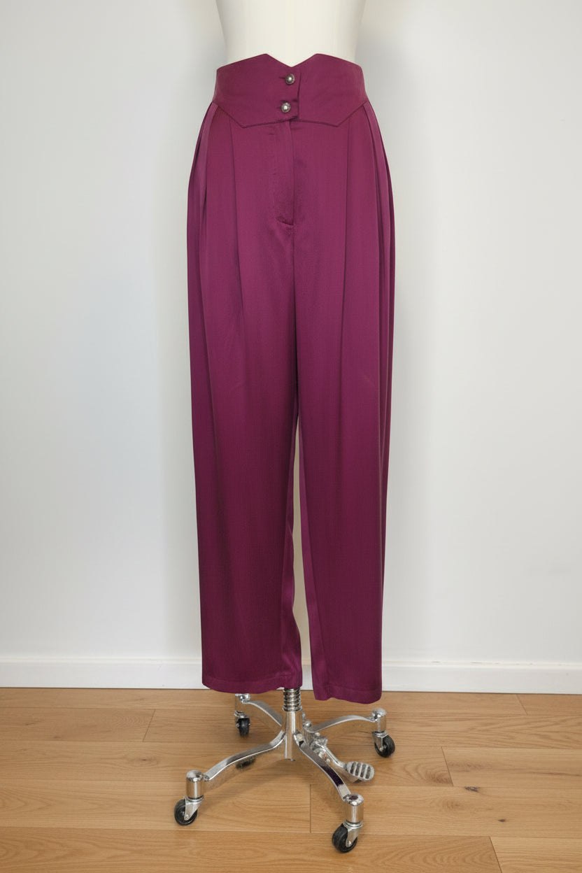 1980s Plum Purple Silk Pleated V-Yoke Waist Trousers