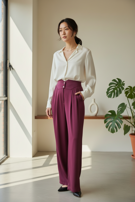 1980s Plum Purple Silk Pleated V-Yoke Waist Trousers