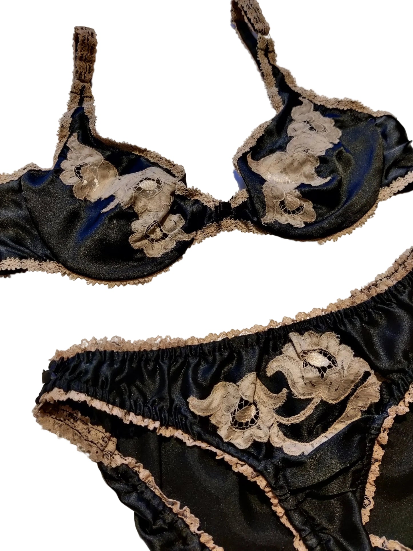 1970s Black Janet Reger Bra, Pants & Waist Slip Set