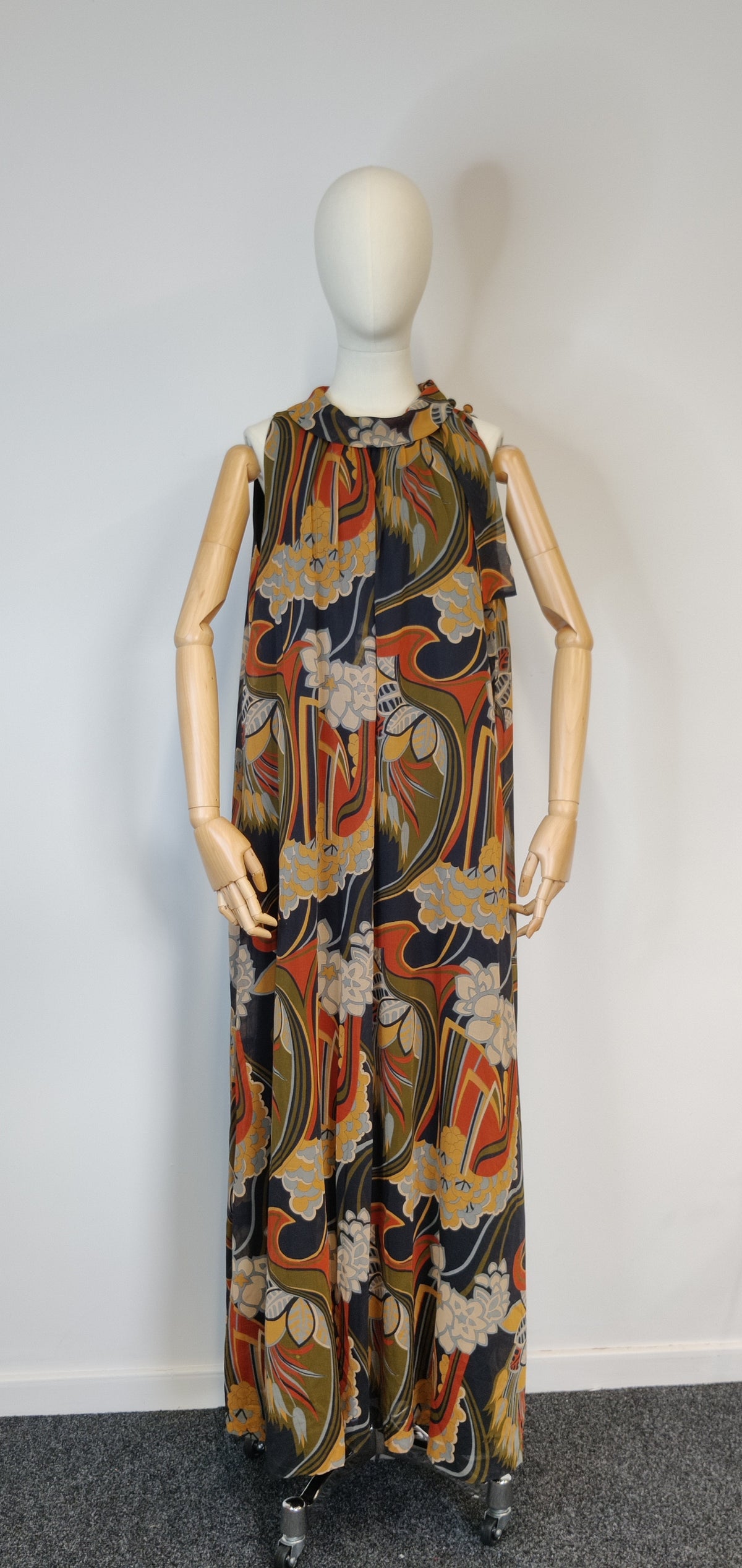 1970s Miss Jeannie  Iconic Print Trapeze Maxi Dress