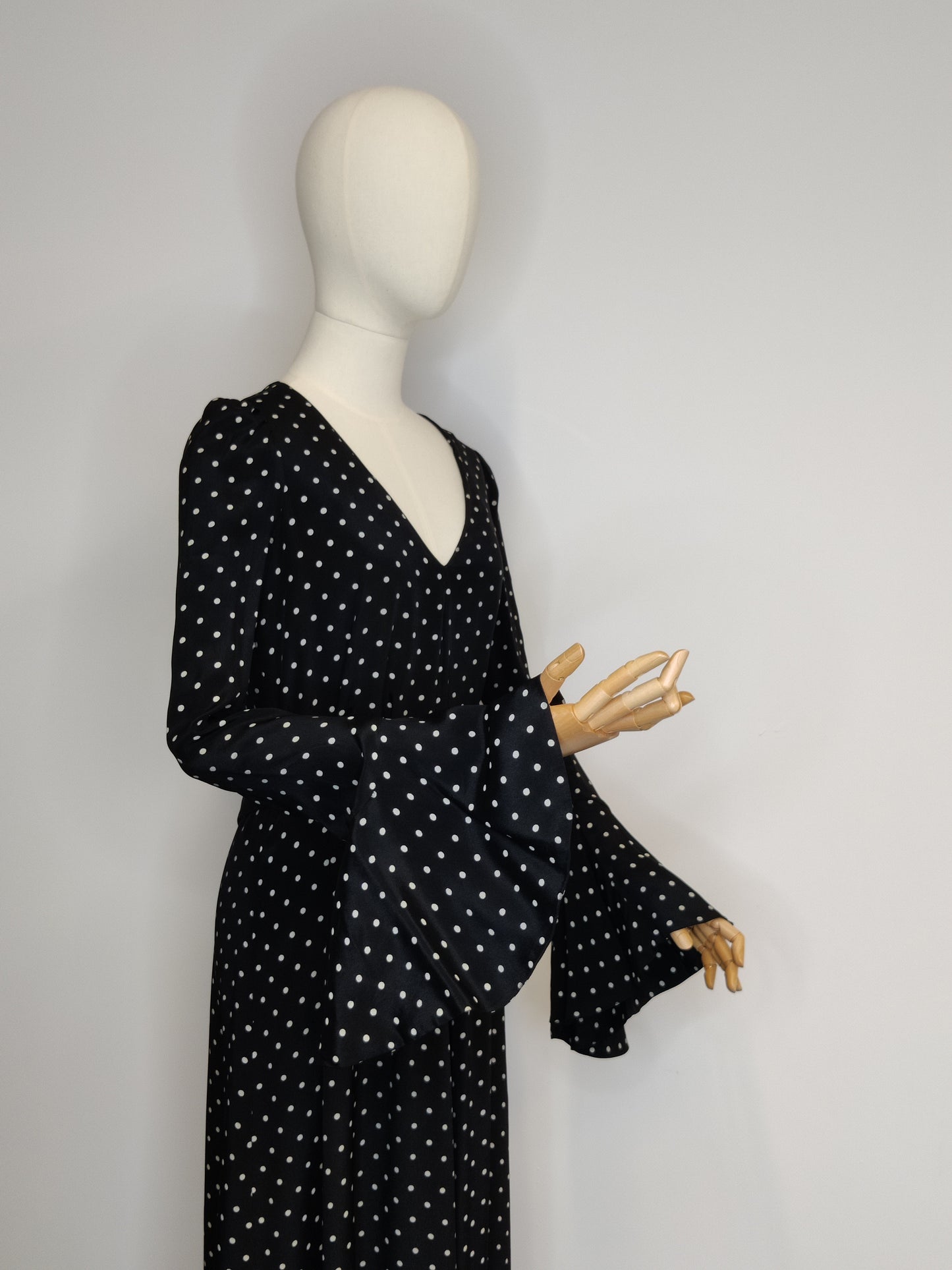 Rare Biba 1960s/70s Black Polka Dot Maxi Dress with Dramatic Bell Sleeves