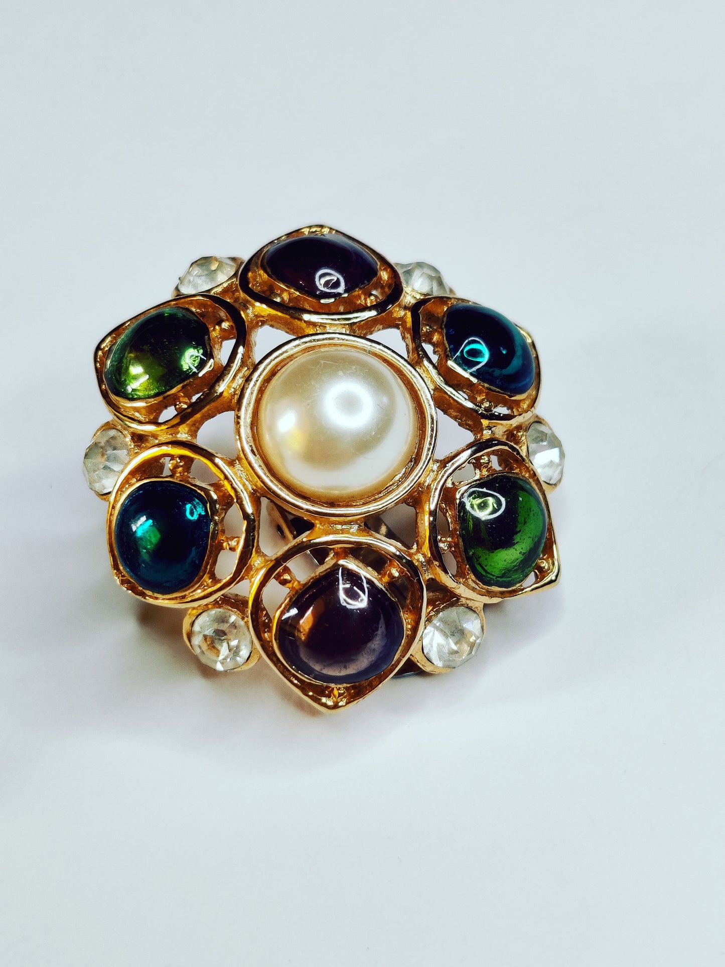 Vintage 1980s Dome Clip-On Earrings – Jewel Tone & Faux Pearl