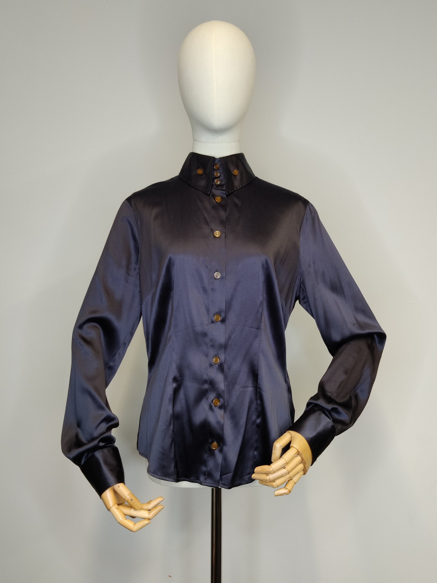 2000s Vivienne Westwood Red Label Deep Charcoal Purple Silk Krall Collar Blouse