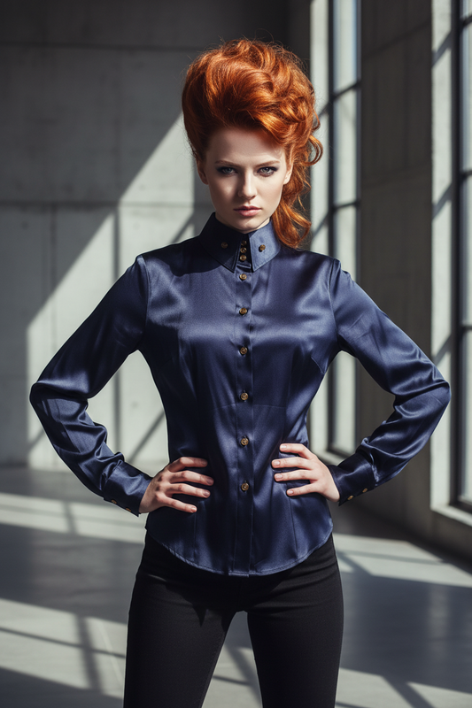 2000s Vivienne Westwood Red Label Deep Charcoal Purple Silk Krall Collar Blouse