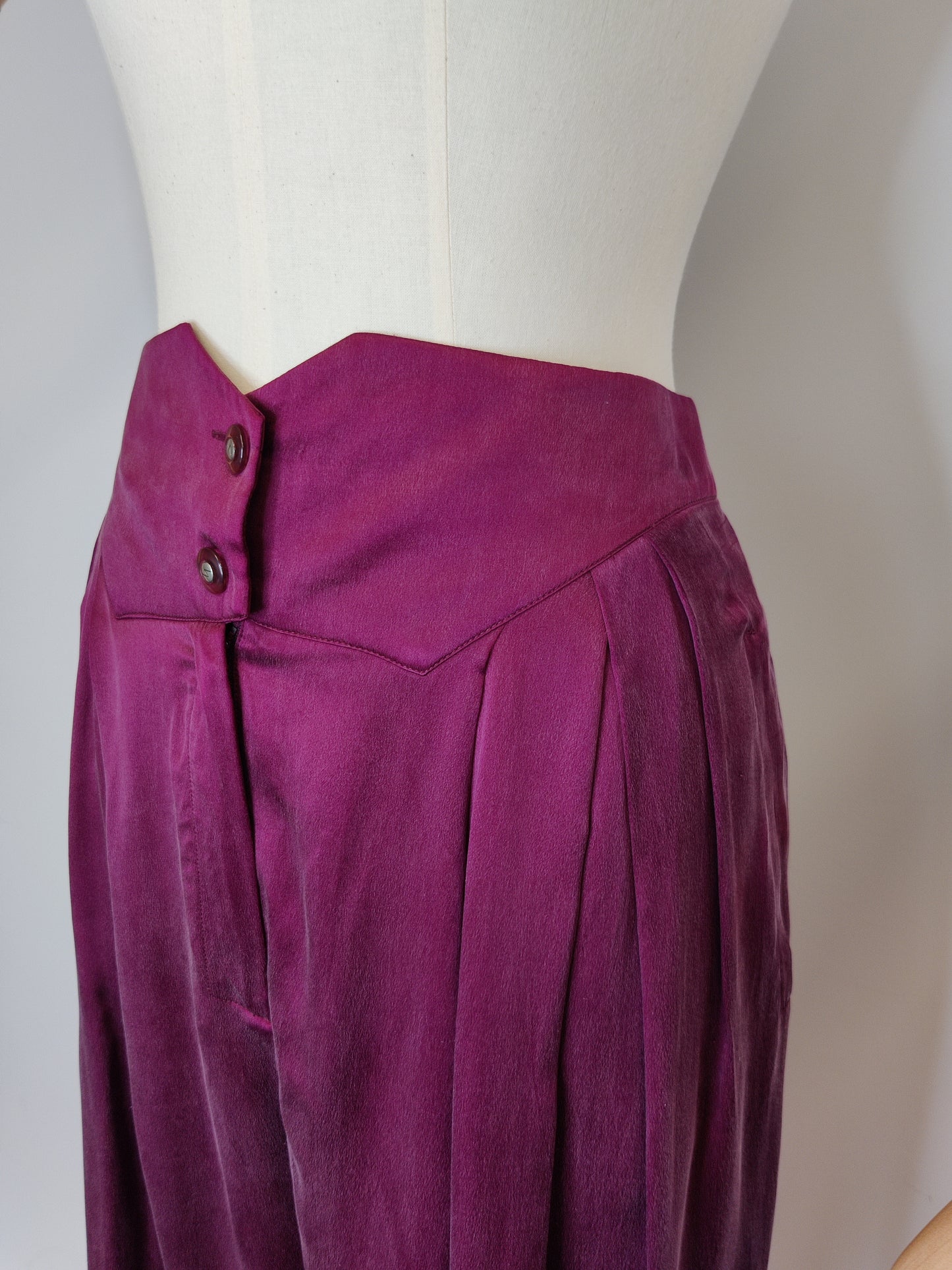 1980s Plum Purple Silk Pleated V-Yoke Waist Trousers