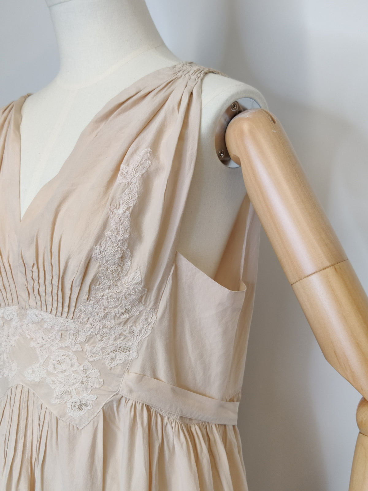 1930s Ethereal Blush Cream Silk & French Lace Slip Dress with Ties